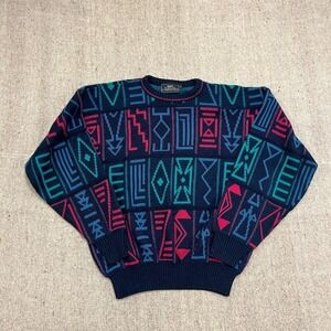 Vintage Sears Sweater Mens Large Blue 1980s Argyle Aztec